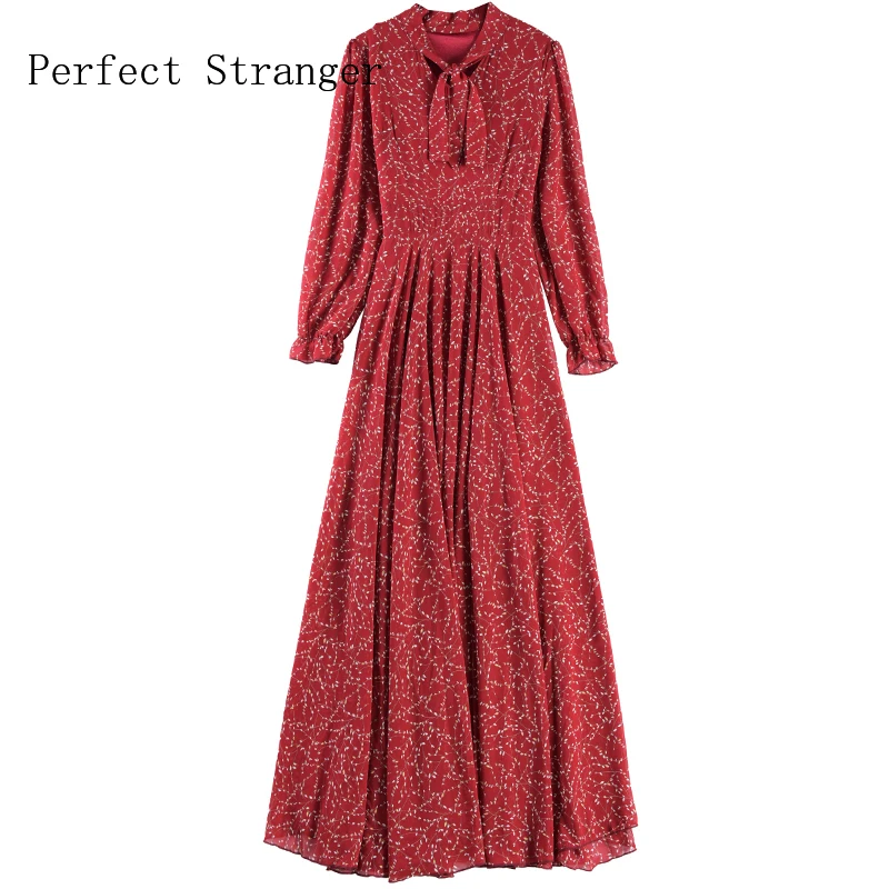 2021  S-XL Autumn New Arrival High Quality Bow Collar Flower Printed Long Sleeve Women Chiffon Long  Dress