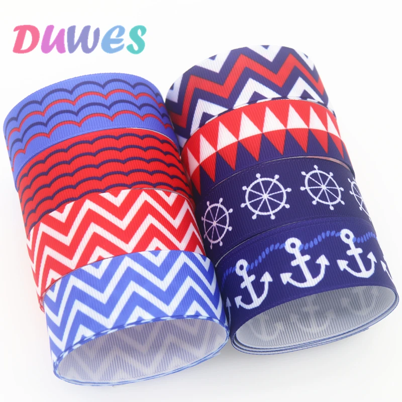 DUWES 50yards  navy sea stripe anchor Printed Grosgrain Ribbon Accessory Hairbow Headwear Decoration DIY Wholesale OEM D1280