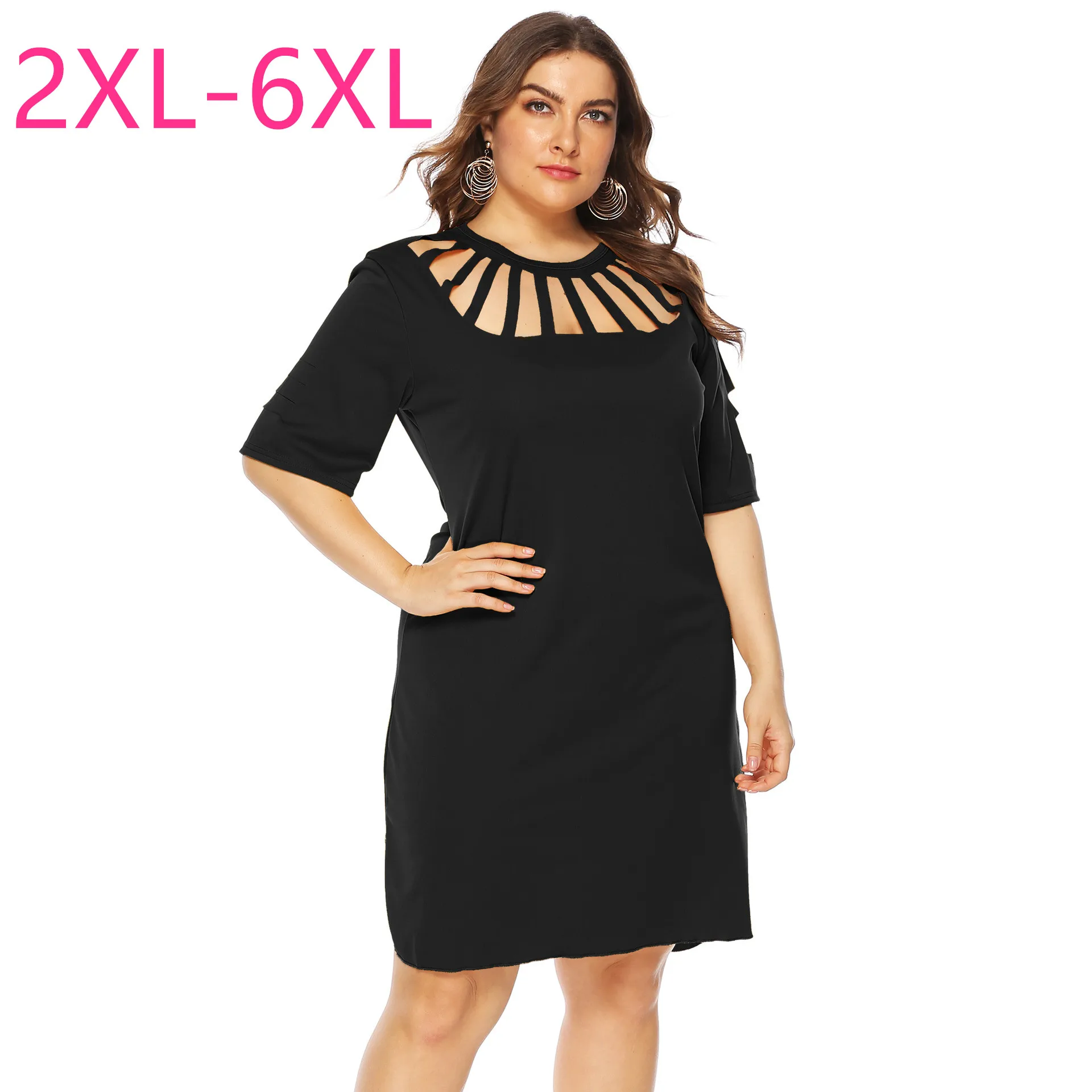 New 2021 summer plus size dresses for women large loose casual short sleeve hollow out black yellow O-neck dress 3XL 4XL 5XL 6XL