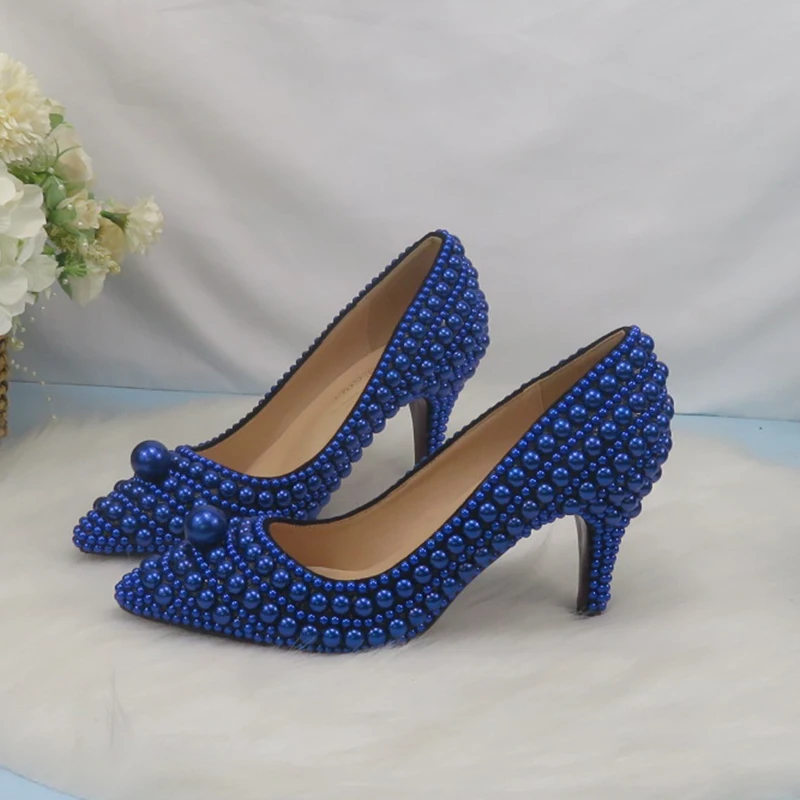 BaoYaFang Royal Blue Pearl damskie buty ślubne Bride wysokie obcasy buty damskie super duży rozmiar party dress buty kobieta Pointed Toe