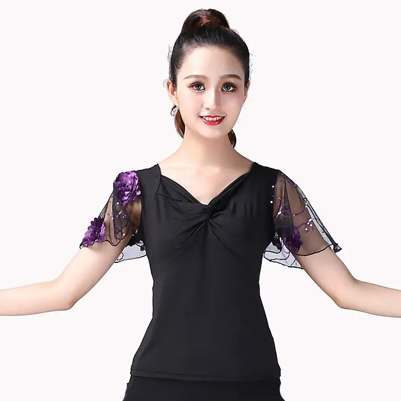 Neue Ballroom Dance Tops Standard Moderne Tanz Kostüm Flamenco Bluse Leistung Kleidung Walzer Dancewear Kurzen Ärmeln 7 Farben