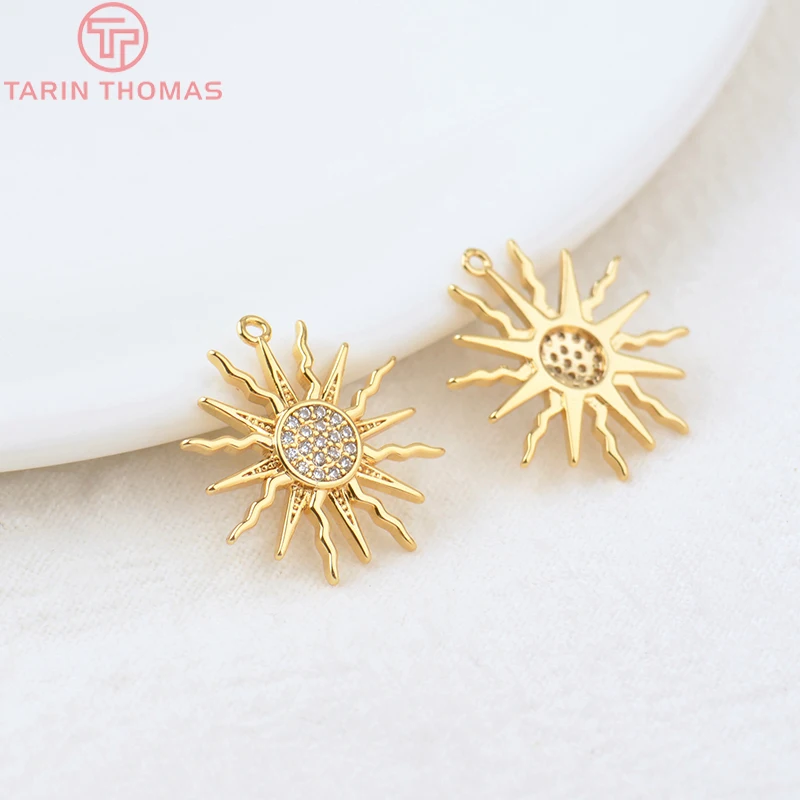 (855)4PCS 16x18MM Hole 1MM 24K Gold Color Brass and Zircon Sun Charms Pendants High Quality Diy Jewelry Findings Accessories