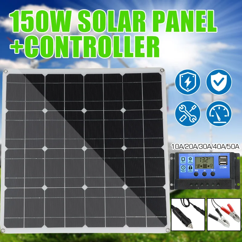 150W Solar Panel Mono Dual USB Output Solar Panel Cells with 10/20/30/40/50A Controller for Car Yacht 18V Battery Boat Charger