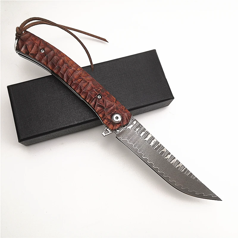 Free Wolf FW06 Damascus Blade Wood Handle Outdoor Hunting Camping Knife Ball Bearing Flipper Utility Pocket EDC Folding Knife