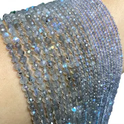 Fine 100% Natural Stone Gray Labradorite Faceted Gemstone Round Spacer Beads For Jewelry Making DIY Bracelet Necklace 2/3/4MM