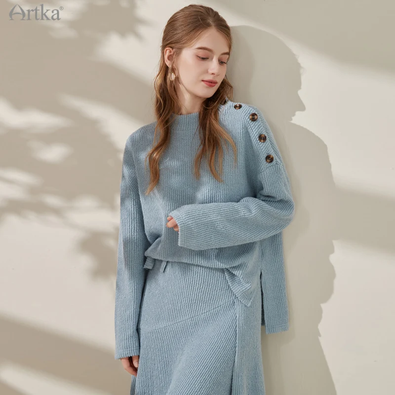 ARTKA 2021 Sweter Wanita Baru Musim Gugur Sweter Rajutan Pullover Leher-o Elegan Rok Rajutan Midi Ruffle Set 2 Potong VA20013D