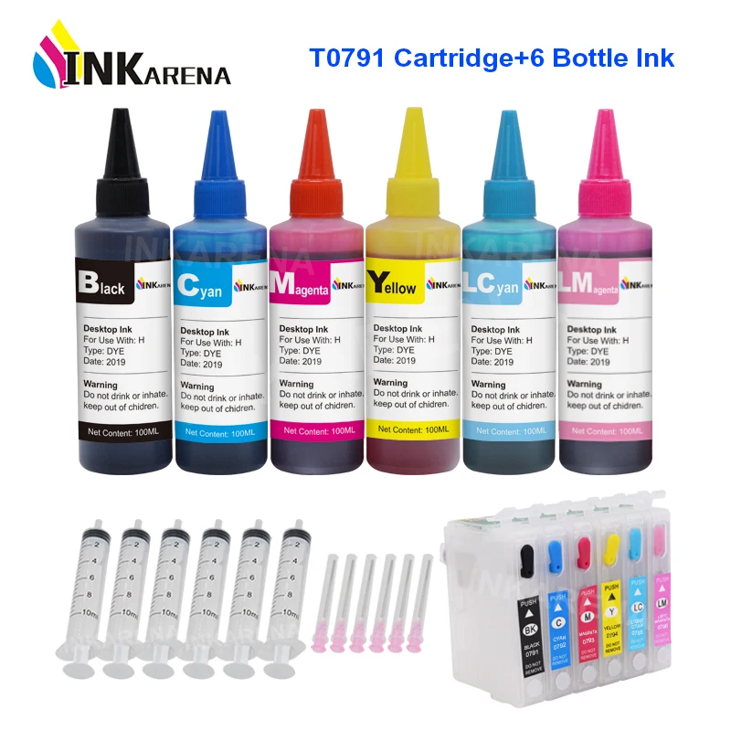 

INKARENA T0791 Empty Refillable Ink Cartridges + 6×100ml Bottle Printer Ink For Epson Stylus Photo 1400 1500W P50 Artisan 1430