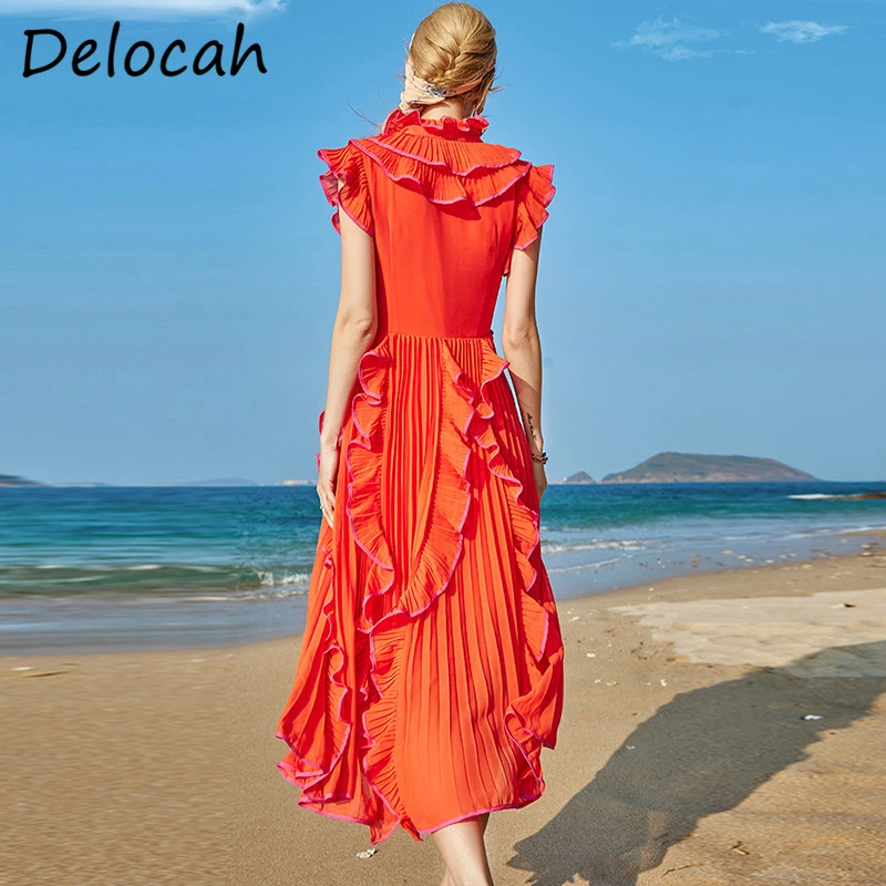 Imagem -02 - Delocah Vestido Longo de Festa Designer do Verão Novo Vestido Feminino com Babados e Manga de Borboleta Estampa Sólida Plissado 2023