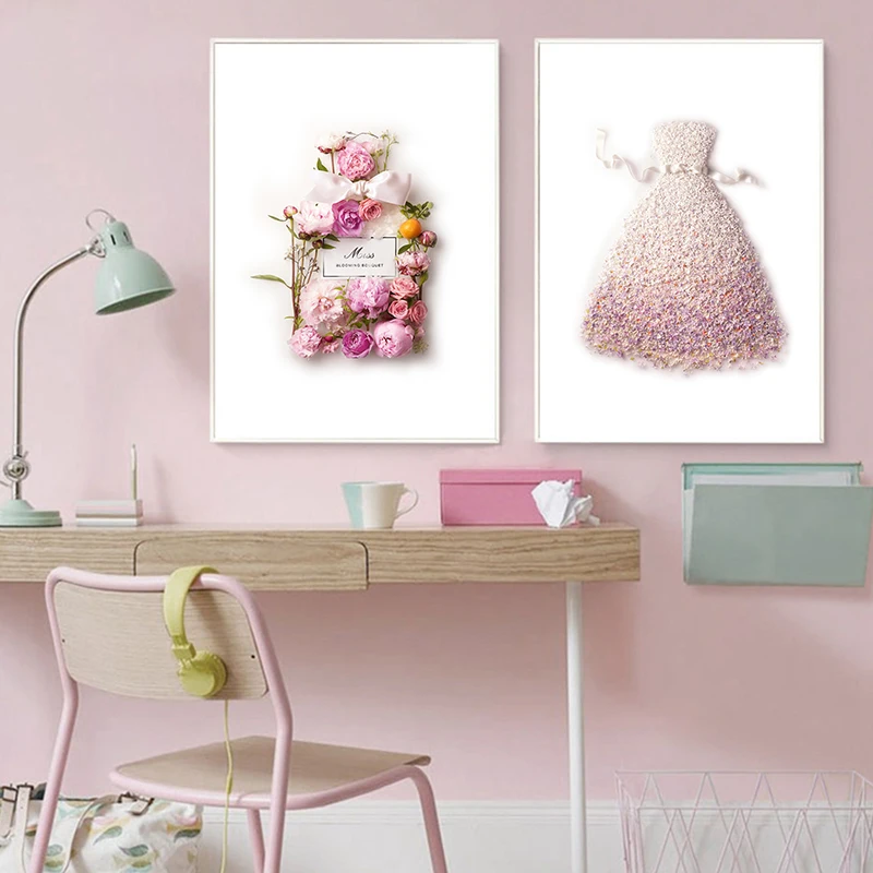 Fashion Flower Dress Prints Blush Pink Perfume Floral Bottle Posters Nordic Luxury Decor Wall Art Canvas Painting Home Decor