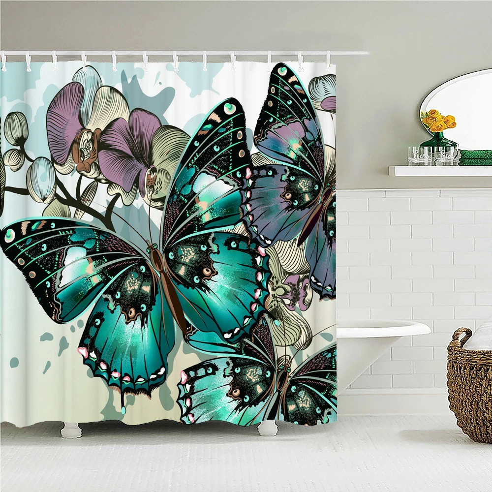 Beautiful Flowers Shower Curtain Butterfly Birds Printed Bathroom Curtains Polyester Fabric Home Decor Bathtub Screen with Hooks