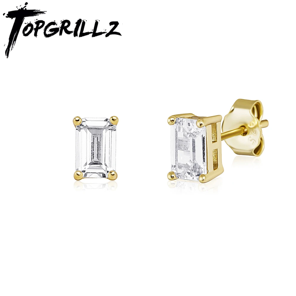 TOPGRILLZ New Classic 2-4mm Baguette Stud Earrings Iced Out Bling Cubic Zirconia Womens Earrings hypoallergenic Wedding Jewelry