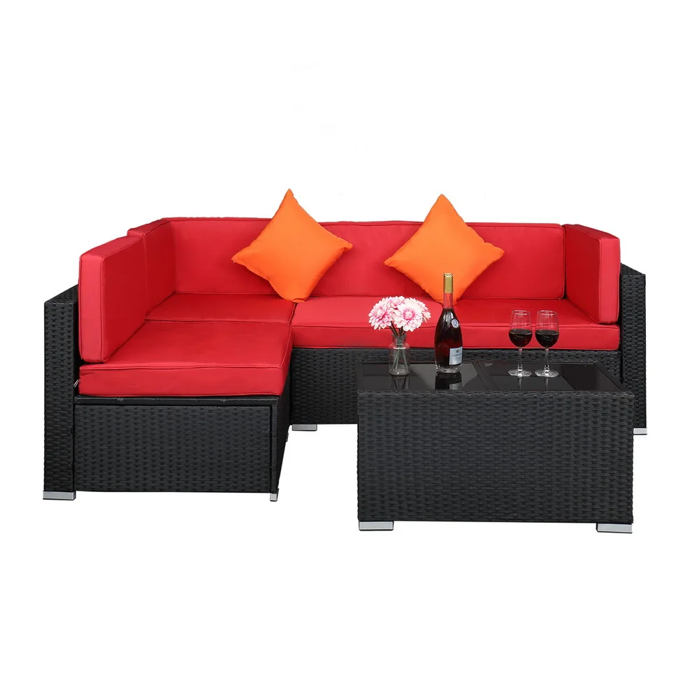 5Pcs Patio Furniture Set Include 2 Corner Sofa 2 Armless Sofa 1 Insulated Coffee Table PE Rattan Iron Black 4-Wire Red Cushion