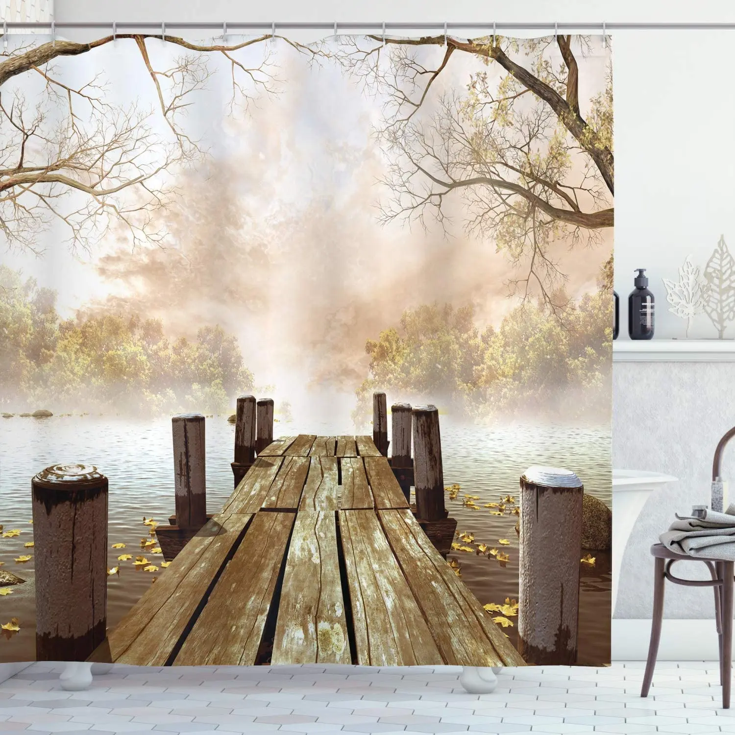 Autumn Shower Curtain Old Wooden Jetty on a Lake with Fallen Leaves and Foggy Forest in Distance Cloth Fabric Bathroom Decor Set