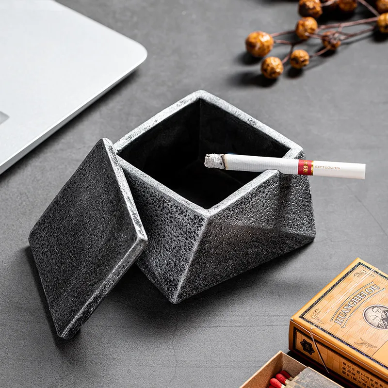 

2021 Nordic rhombus cement ashtray with lid creative personality anti-fly ash ash storage box home living room decoration