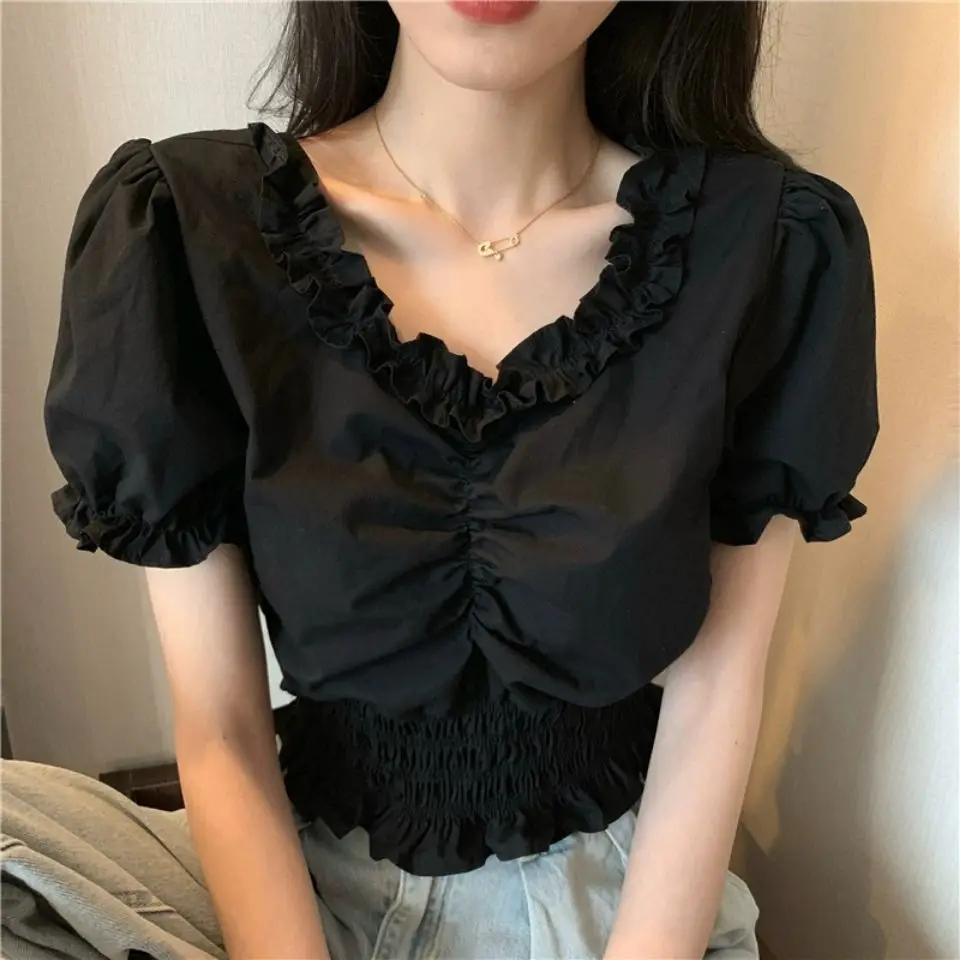 Blusa de manga abombada con volantes para mujer, Top corto, elegante y fino, estilo coreano, novedad de 2023