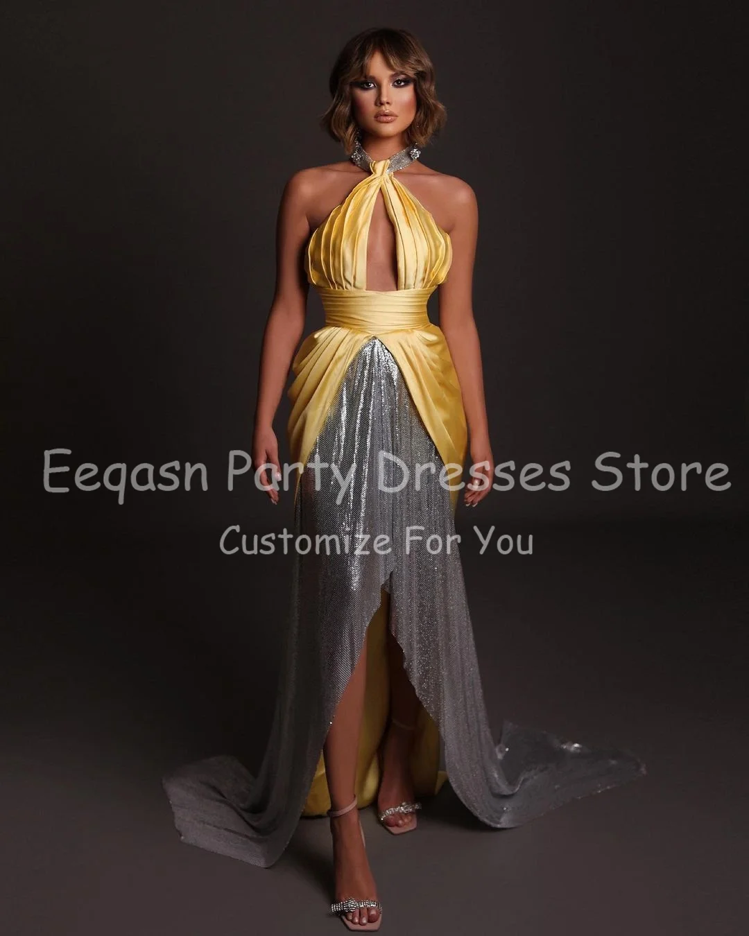 Eeqasn New Gold And Silver Evening Dresses Satin Sequines Halter Prom Party Gowns High Low Pleated Cut-out Women Formal Dress