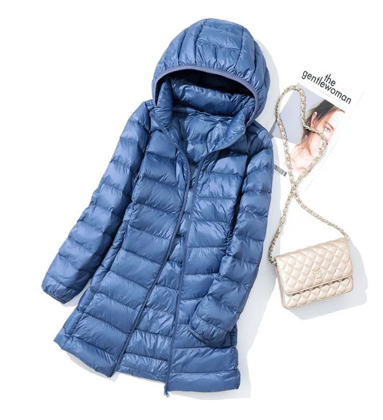Schinteon M-7XL Women Down Jacket Ultralight White Duck Down Long Coat with Removable Hood Thin Slim Spring Autumn Outwear New