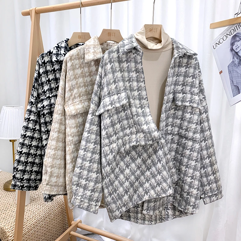 Autumn Winter Thick Warm Plaid Shirt Jacket Women Lapel Long Sleeve Fashion Houndstooth Shirt Coat Loose Womens tops and Blouses