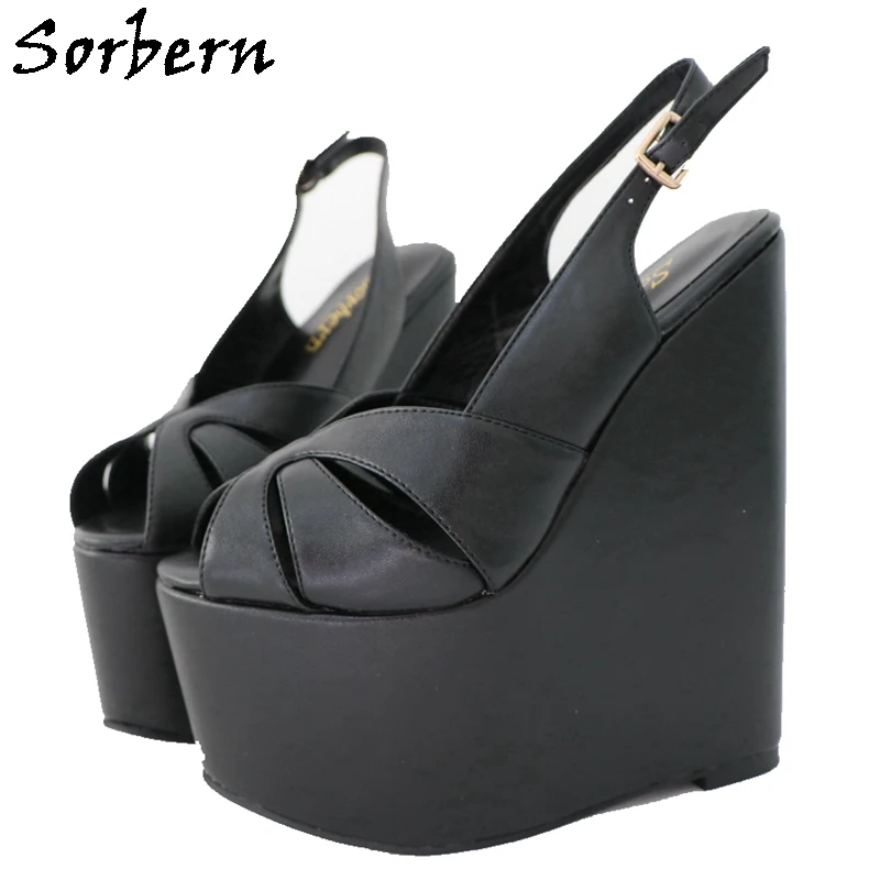 

Sorbern Black Matt Women Sandal Wedge High Heels Summer Slingback Cross Straps Shoes Female 18Cm Wedge Unisex Shoe Custom Color