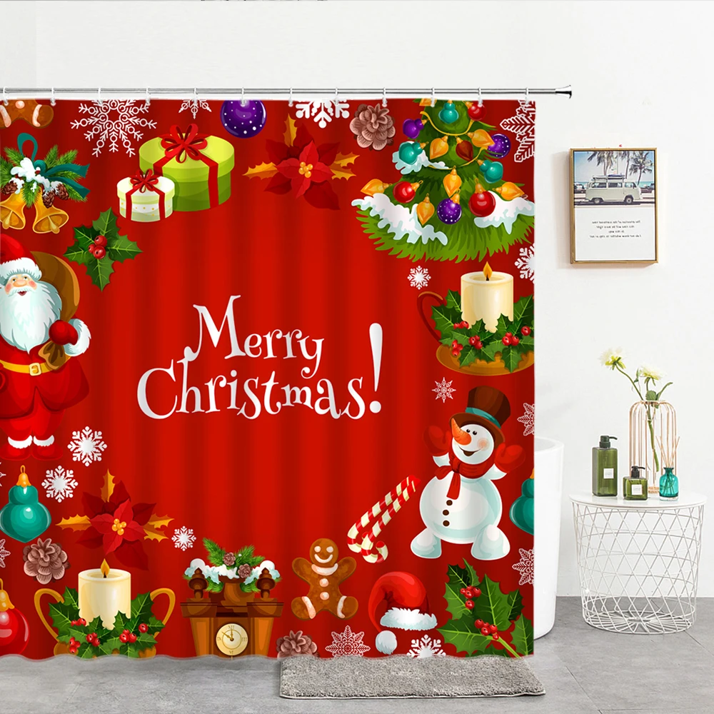 Merry Christmas Santa Claus Shower Curtain Christmas Tree Deer Gift Bathroom Curtain With Hooks Happy New Year Decorative