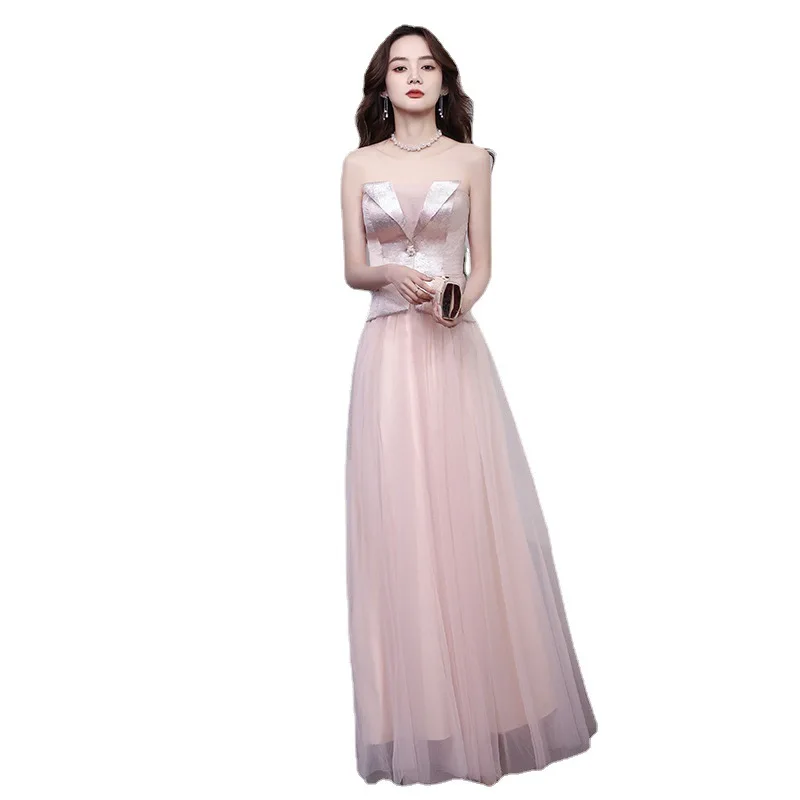 Kleine Abend Kleid für Weibliche 2021 Tube Top Mit V-ausschnitt Temperament War Dünn Host Rosa Sommer Fee Rock Elegante Prom Kleid a122