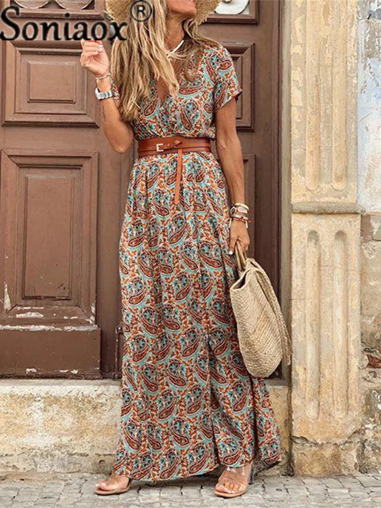 Moda boho vestido longo para senhoras v pescoço manga curta paisley impressão cinto grande hem praia maxi vestido elegante vestido feminino 2021