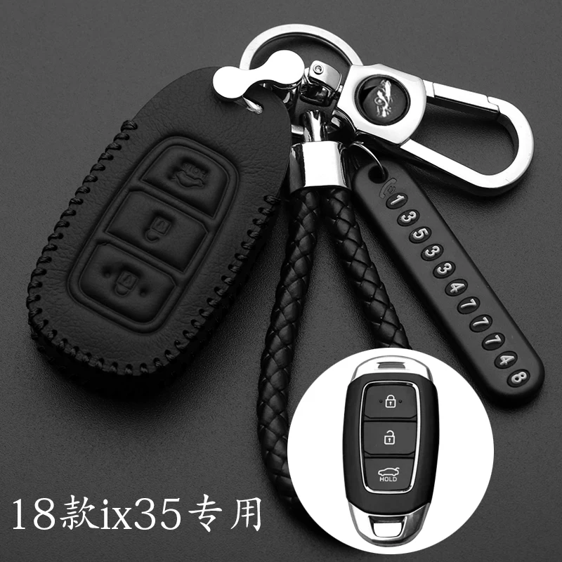 Leather Car Key Case For Hyundai Elantra GT Kona 2018 2019 Santa Fe Veloster Smart Remote Fob Cover Protector Keys Bag