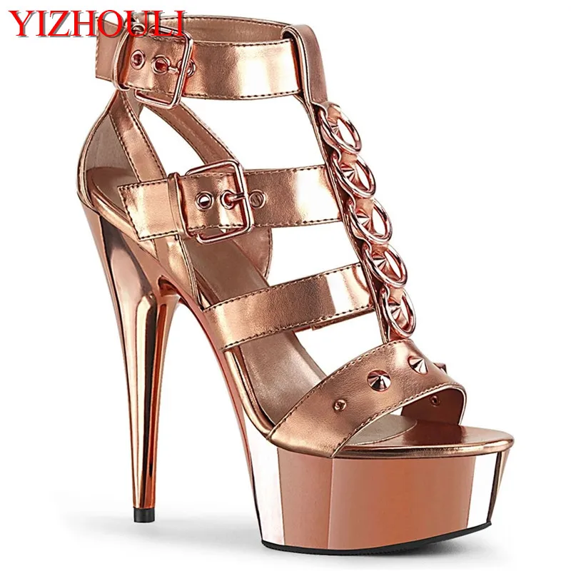 15CM women's ultra-high heel pole dancing sandals, rivet vamp electroplated thin heels, model stage performance shoes