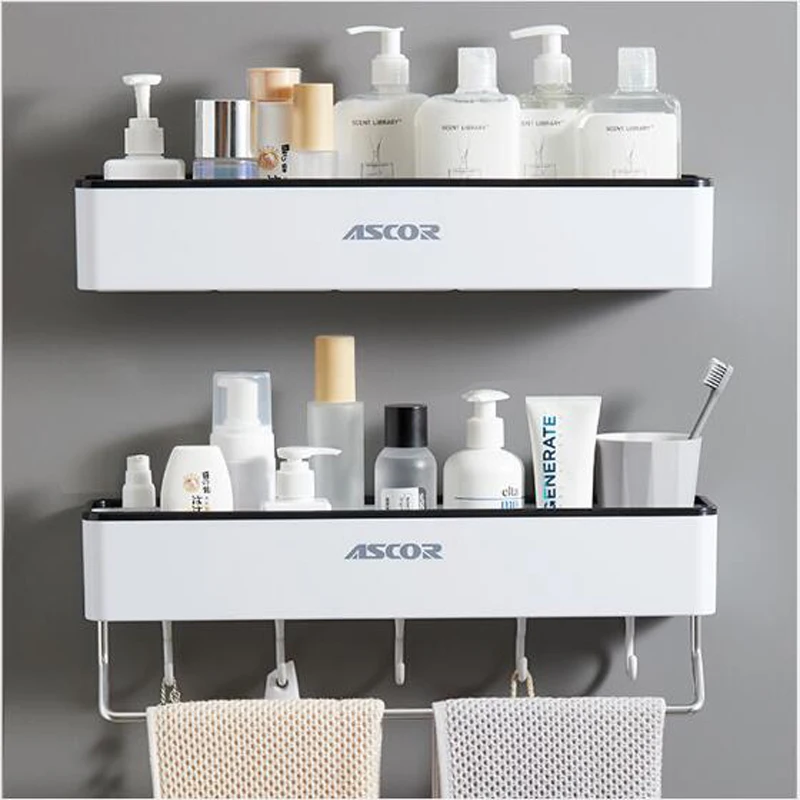 

Bathroom Shelf Shower Caddy Organizer Wall Mount Shampoo Rack With Towel Bar No Drilling Kitchen Holder Bathroom Hook Towel Rack