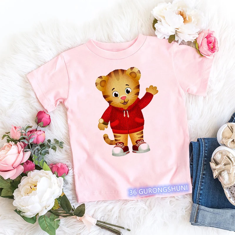 Daniel Tiger\'s Neighborhood Cartoon Print T-Shirt Kawaii Girls, Top Rosa, Engraçado, Roupa de Bebê, Moda Infantil