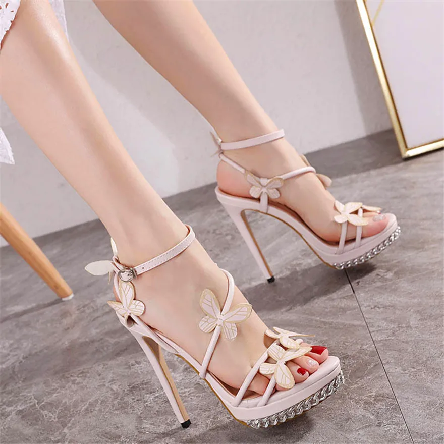 Women Super High Heels 13cm Fashion Butterfly-knot Sandals Chain Platform Sexy Party Open Toe Buckle Ladies Wedding Shoes Pumps