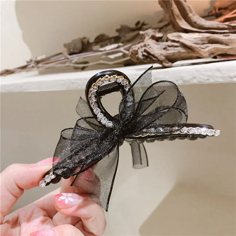 Hair Clip Net Yarn Bow Gentle Fairy Rhinestone Catch Clip Korea Hair Accessories Hair Catch Clip Hairpin Shark Clip