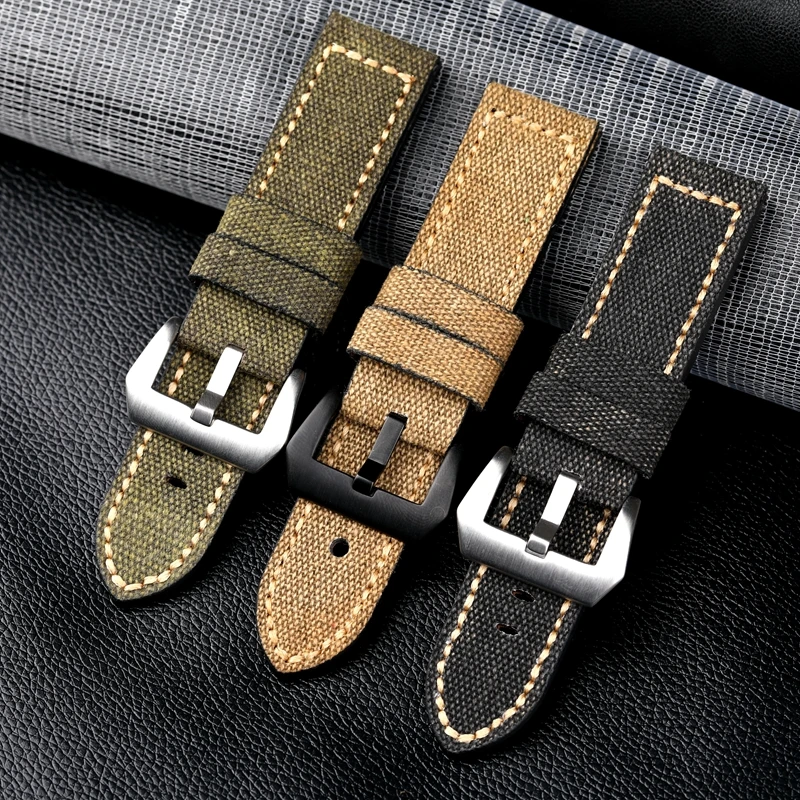 Canvas Leather Watchband 20 22 24 26MM Black Green Brown Denim Thick Material Retro Strap, Military Watchband