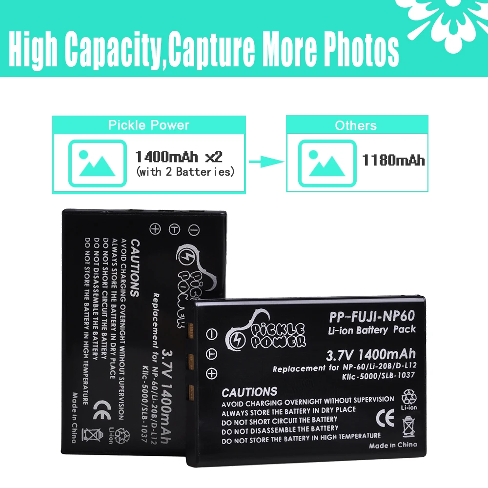 Pickle Power 1400mAh batería Digital NP-60 NP 60 NP60 LCD cargador USB para Samsung SLB-1037 para Fujifilm NP-60 Kodak KLIC-5000
