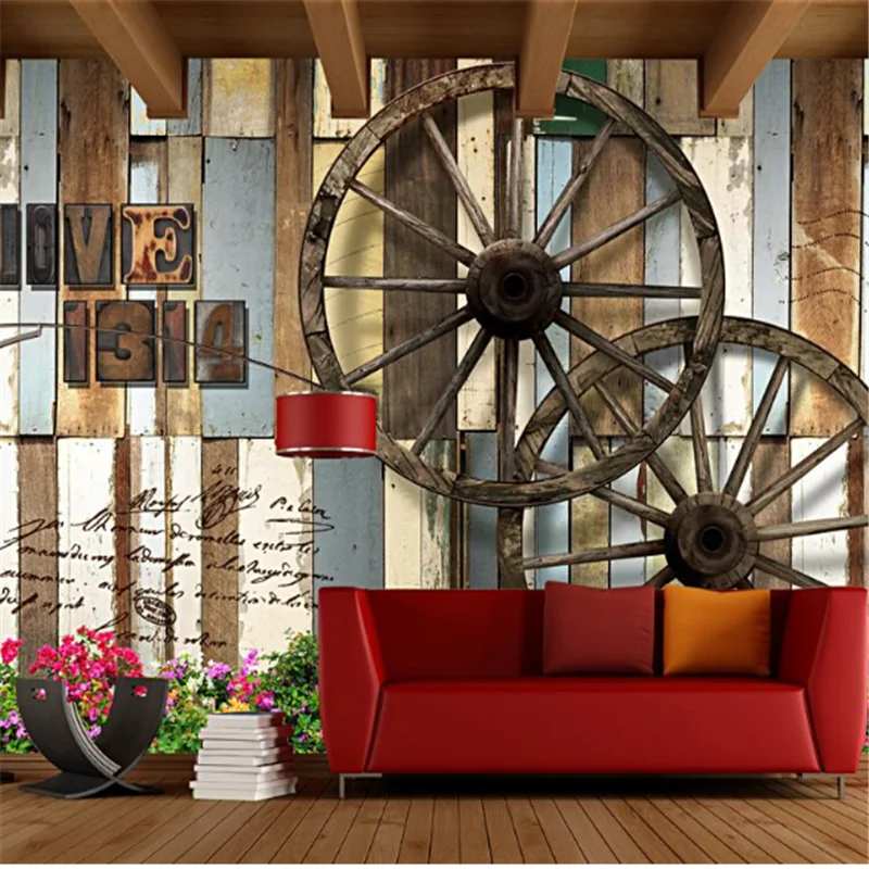 

wellyu Customized large mural 3d wallpaper retro wooden board wheel culture restaurant bar cafe background wallpaper