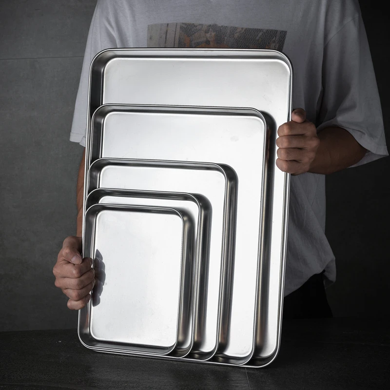 Stainless Steel Rectangle Food  Storage Trays Steamed Sausage Bread Dish Fruit Plate Shallow Pans Kitchen Bakeware