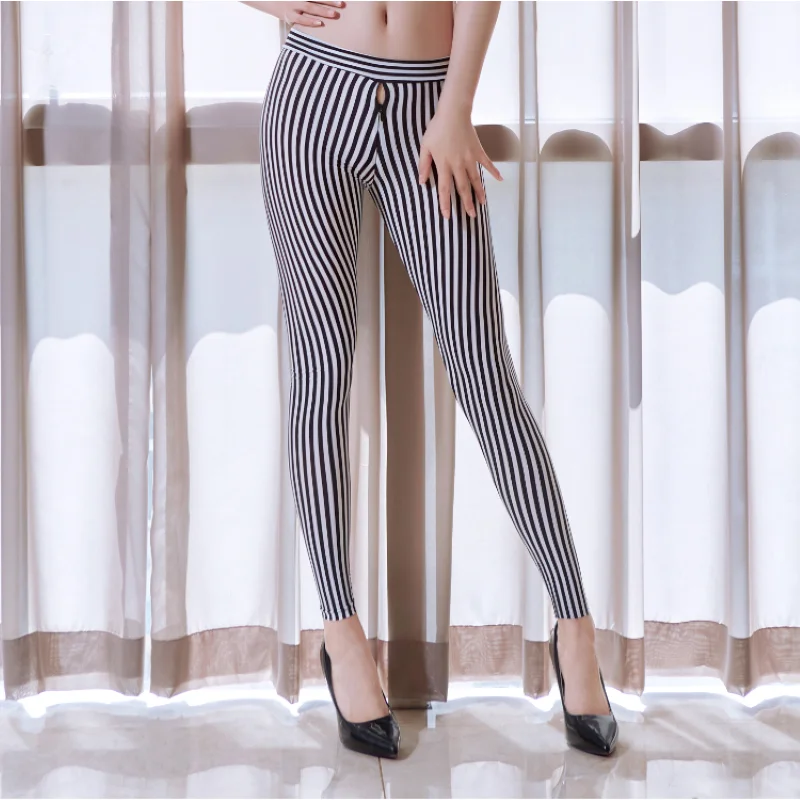 Sexy Zipper Open Crotch Pencil Pants For Women Black and White Striped Low Waist Leggings High Elastic Full Length Erotic Pants