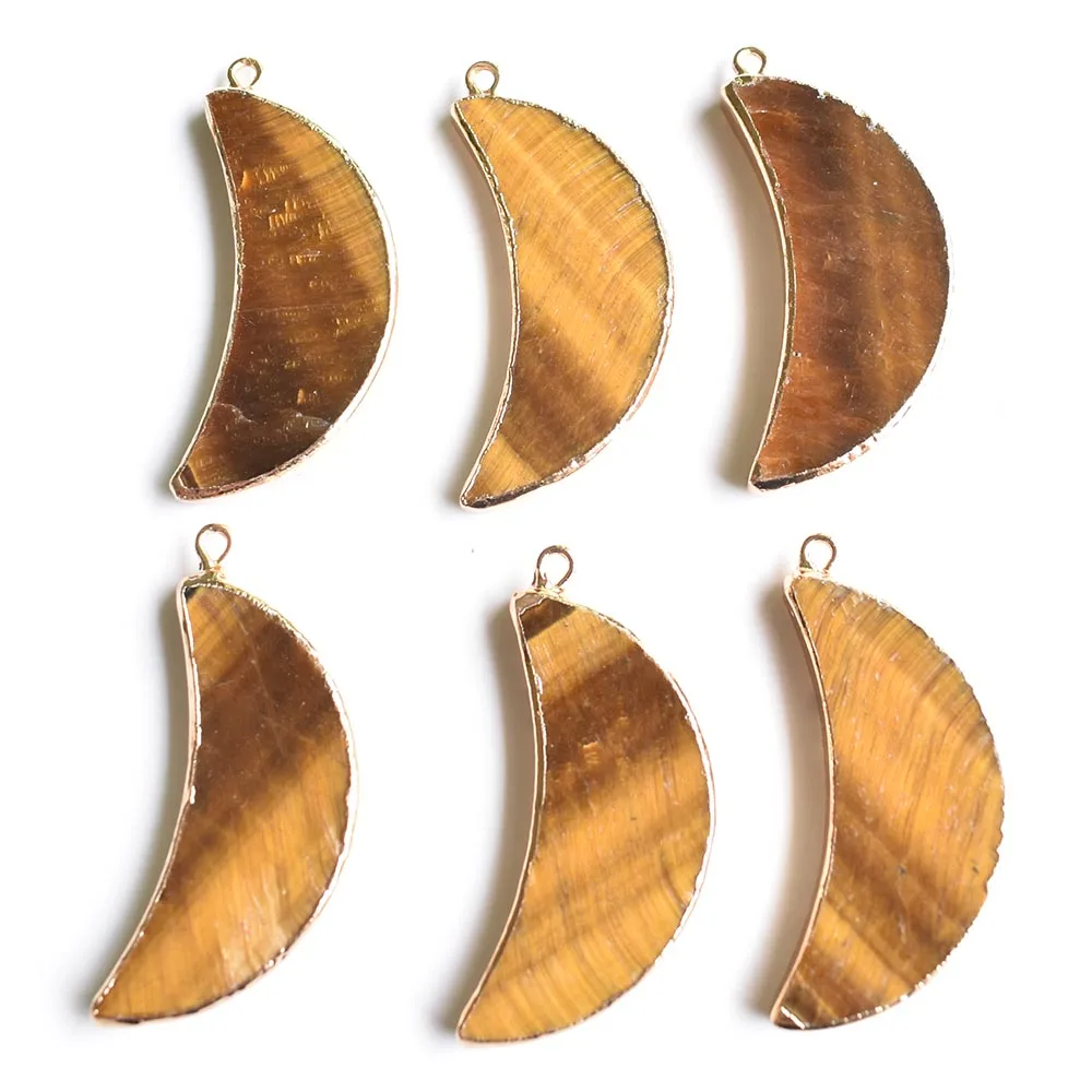 Wholesale 6pcs/lot fashion good quality natural tiger eye stone quartz moon shape gold color side pendants for jewelry making