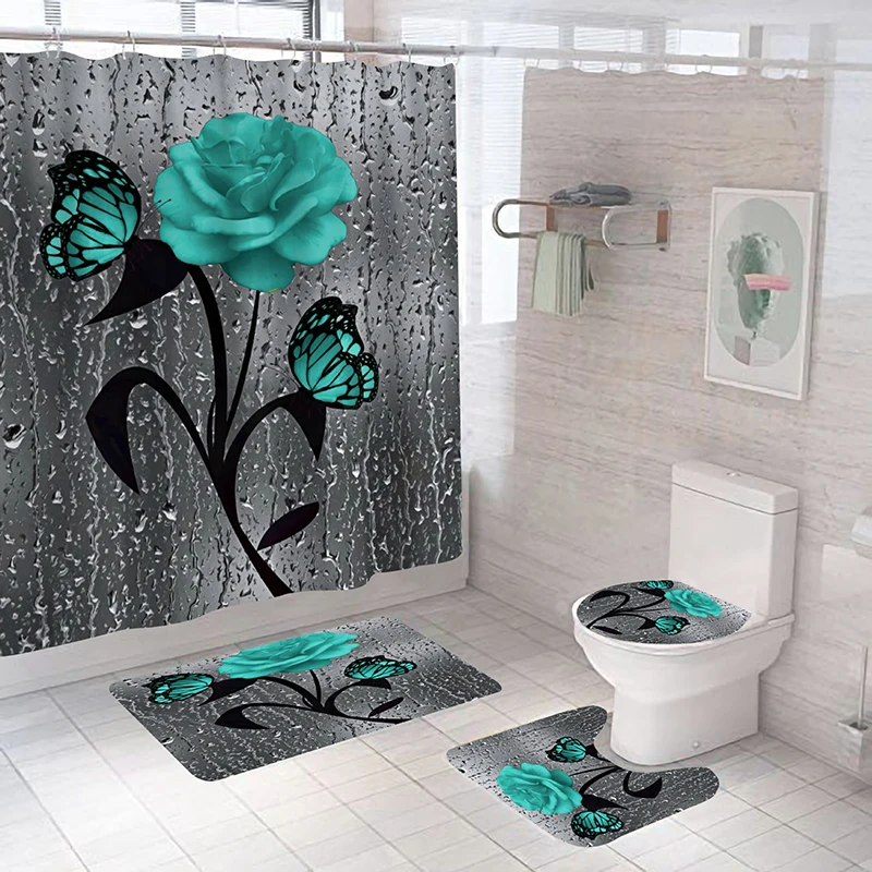 Red Rose&Butterfly Bathroom Anti-slip Mat Set Durable Waterproof Shower Curtain Set Pedestal Rug Lid Toilet Cover Bath Mat Rugs