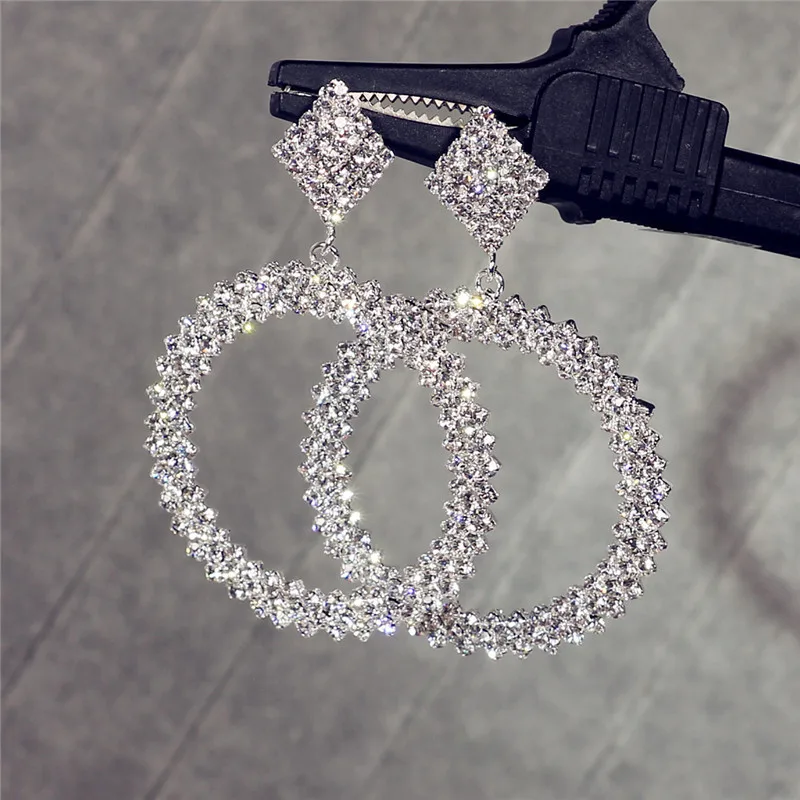 TREAZY Sparkling Silver Color Rhinestone Crystal Round Circle Drop Earrings for Women Bridal Big Dangle Earrings Wedding Jewelry