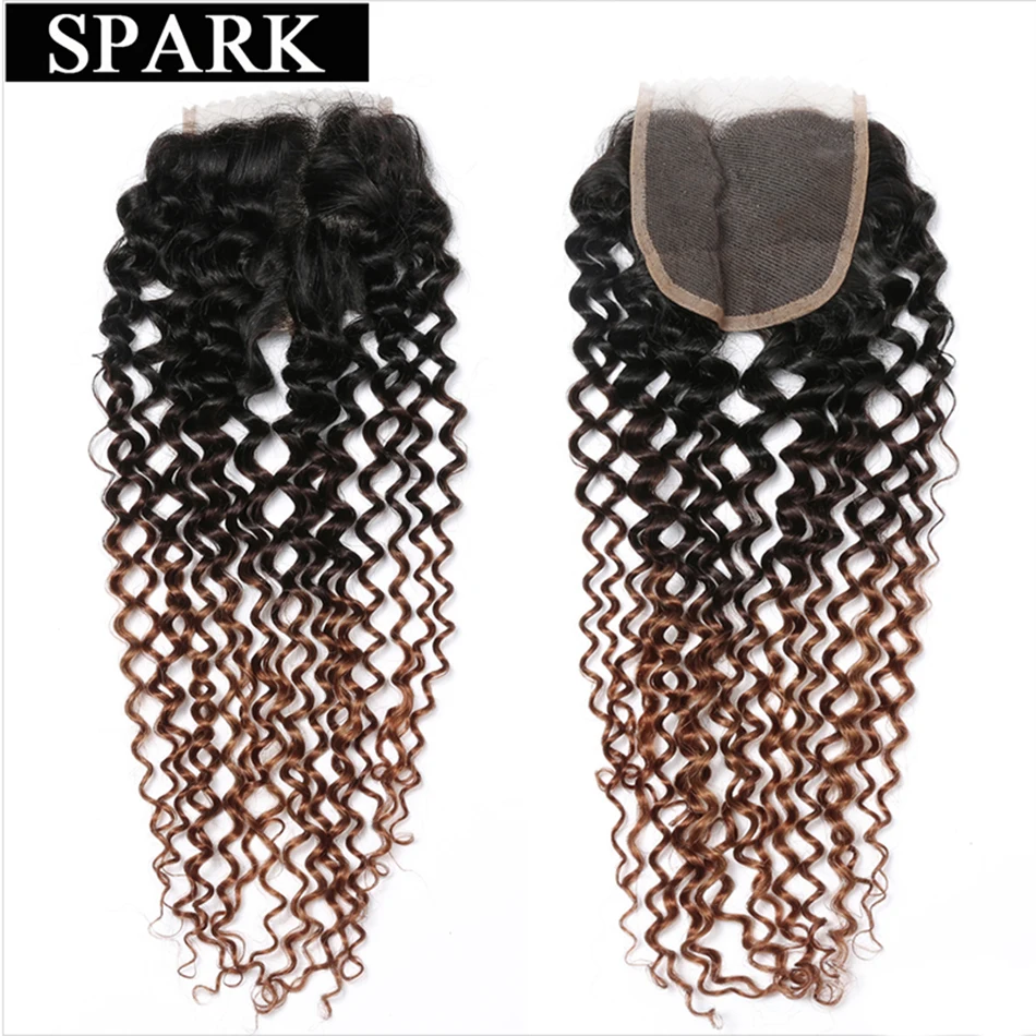 Spark Ombre Brazilian Kinky Curly Human Hair Lace Closure 8-22inch 1B/30&1B/27 Color With 1B/4/30&1B/4/27 Remy Hair Extensions