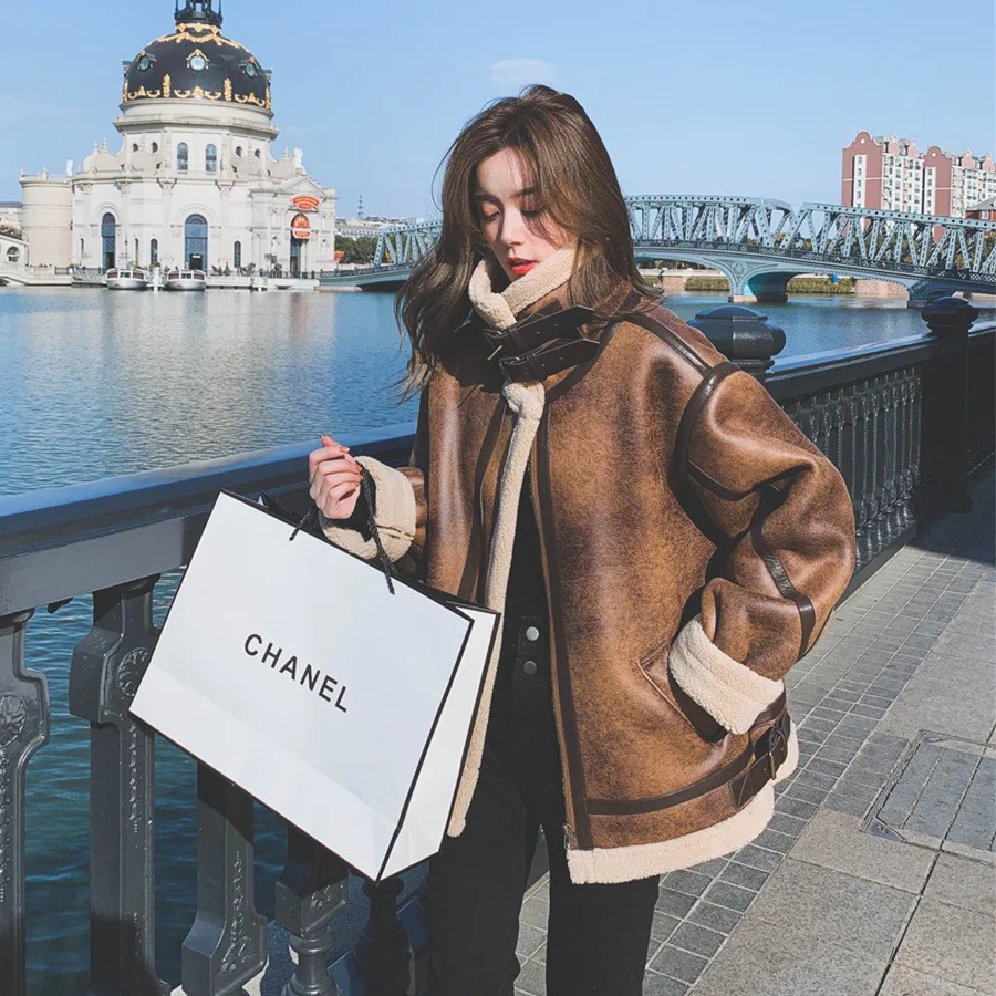 Lamb Fur Coat Deerskin Jacket Women Winter Motorcycle Clothing Loose Streetwear Retro Jacket Fur Leather Jacket Aviator Jacket