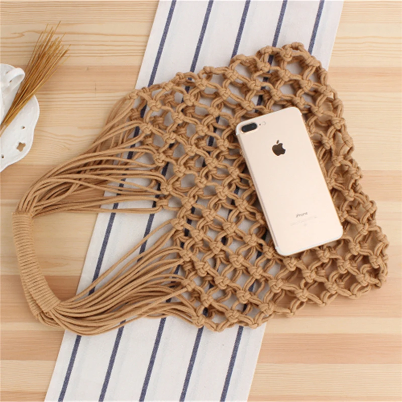 New Handwork Woven Straw Beach Bag for Women Summer Casual Hollow-out Shopping Travel Bag Cotton Rope Net Soft Handbag IL00588