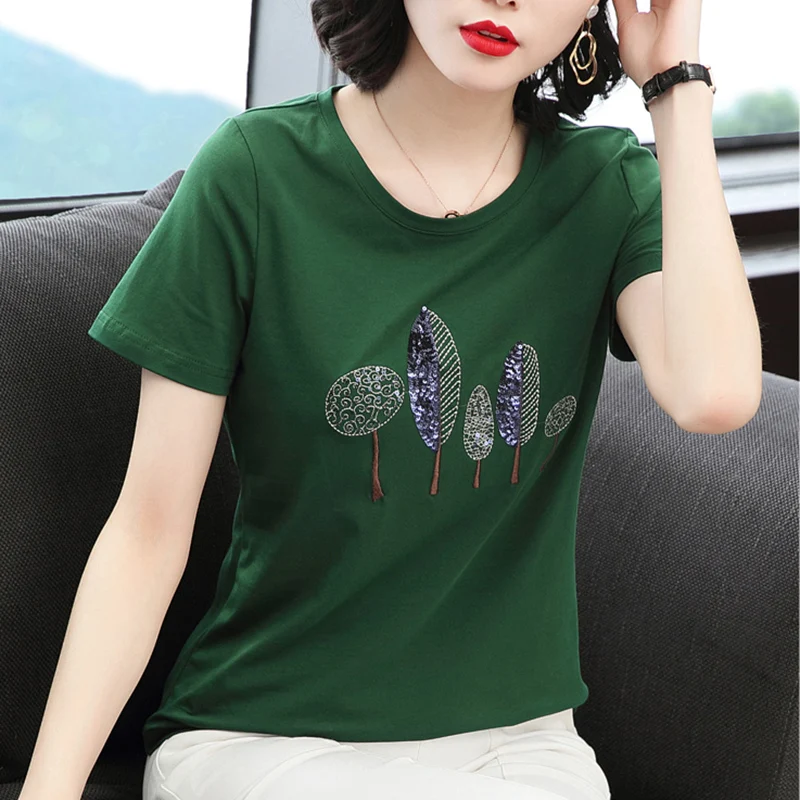 Sequined T-Shirt Female 2025 Summer Top Embroidery Cotton T Shirt Women Casual Woman Clothes Tshirt Short Sleeve Tee Shirt Femme