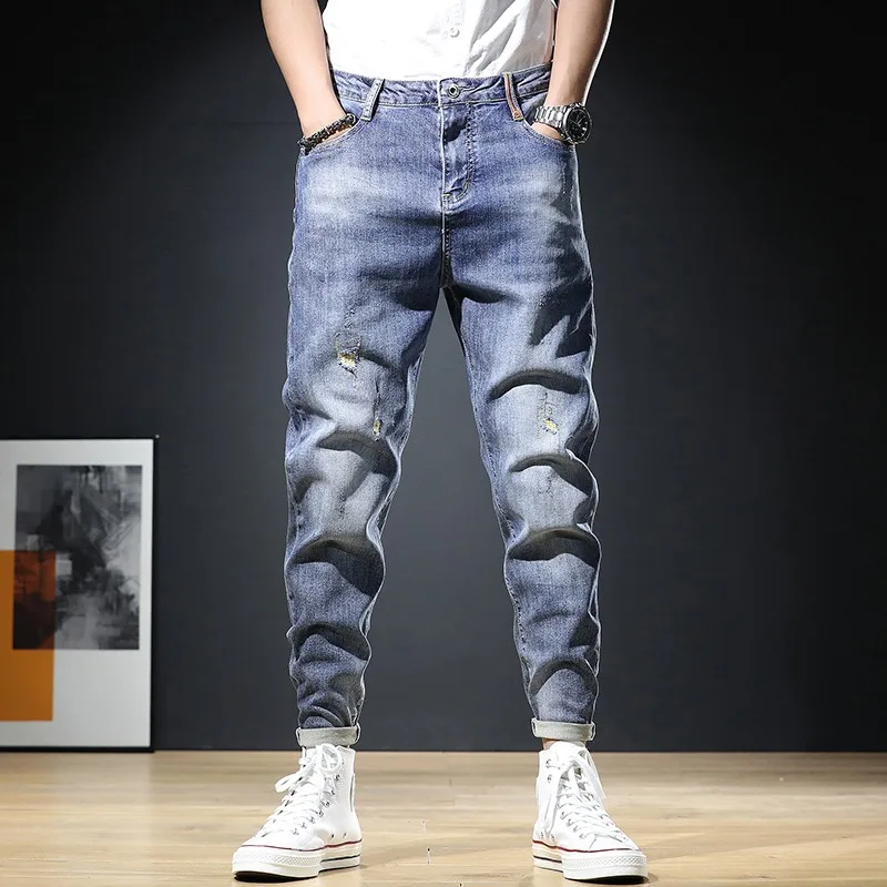 Summer Men Ripped Jeans Ankle-Length Pants pantalones hombre Streetwear Casual Blue Regular Jean Mens Clothing Denim Trousers