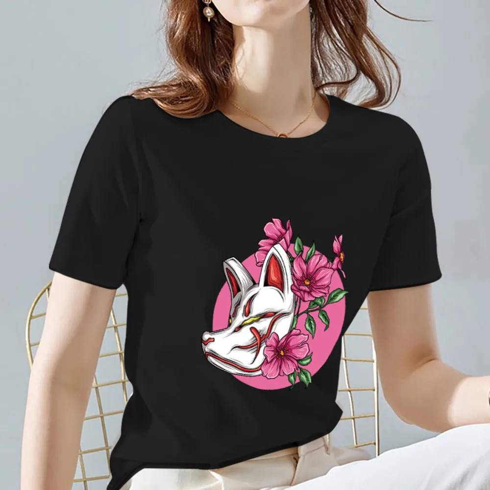 Japanese Style Fashion T-shirt Commuter Fire Fox Cherry Blossom Mask Pattern Printing Casual Round Neck Harajuku Clothing Top