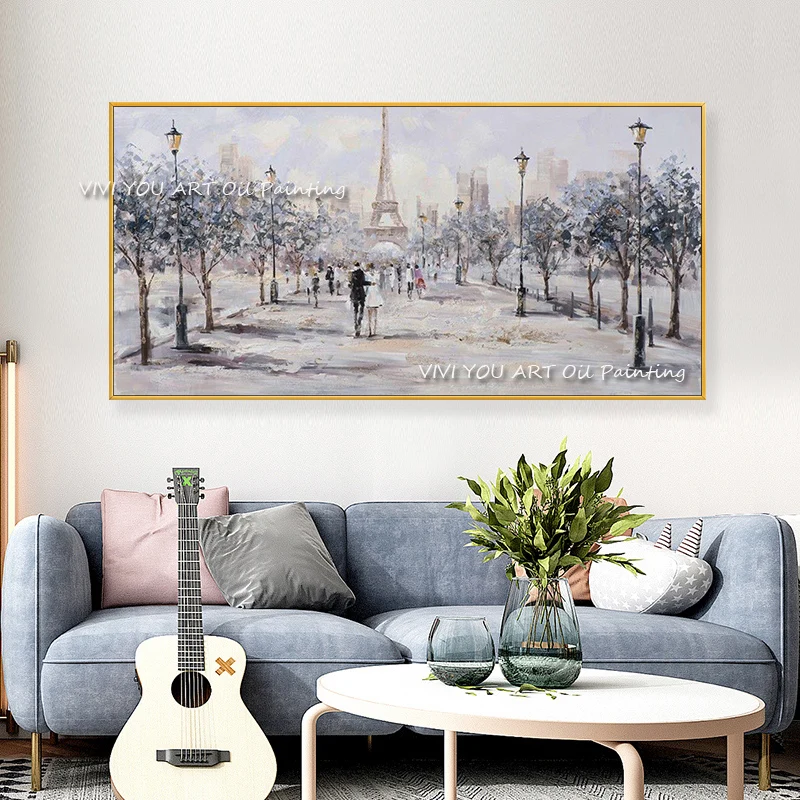 Romantic Paris Cityscape Canvas, Eiffel Tower Street Scene, Hand‑Painted Horizontal Art For Warm Vintage‑Style Living Room