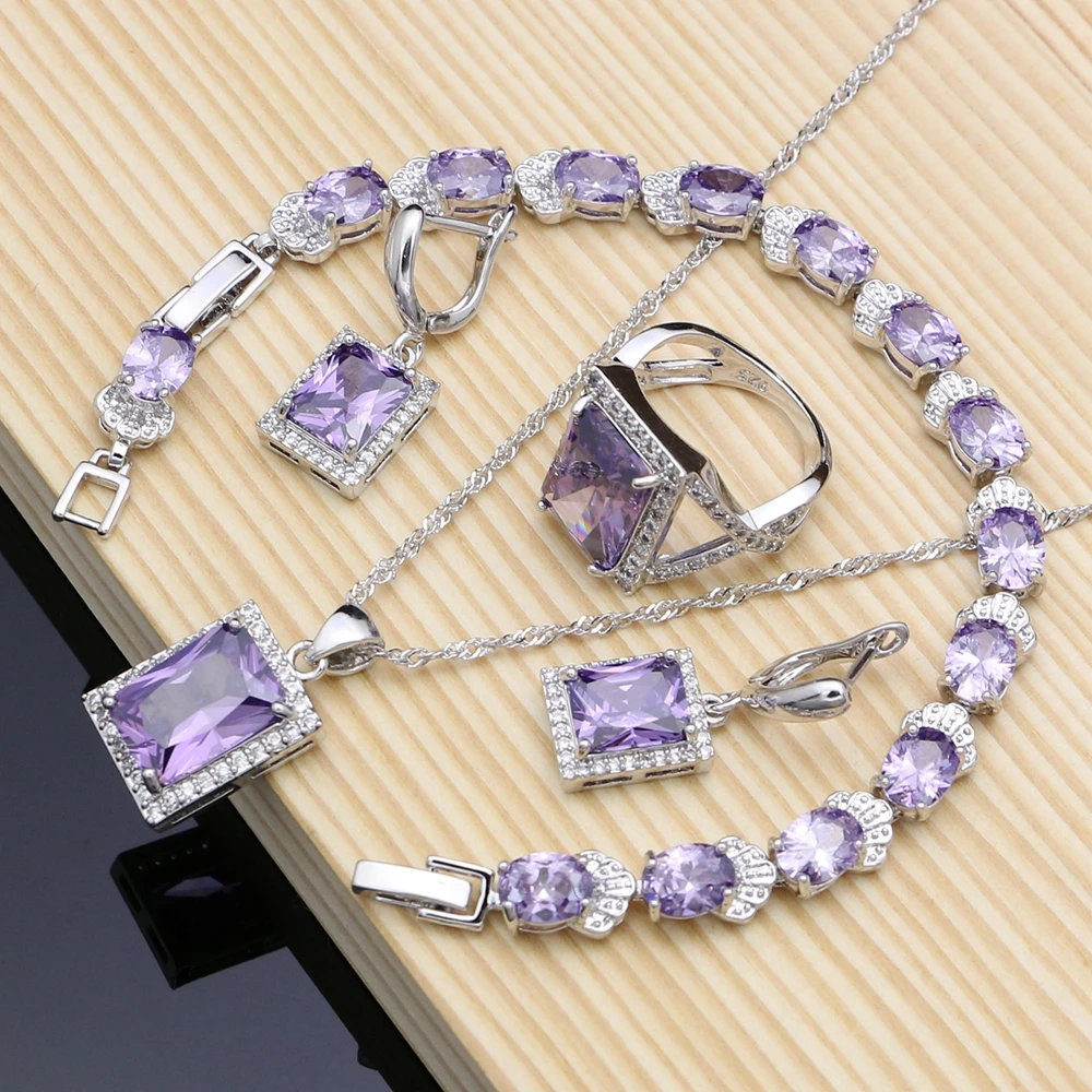 

925 Sterling Silver Jewelry Purple CZ White Zircon Jewelry Sets For Women Earrings/Pendant/Necklace/Rings/Bracelet