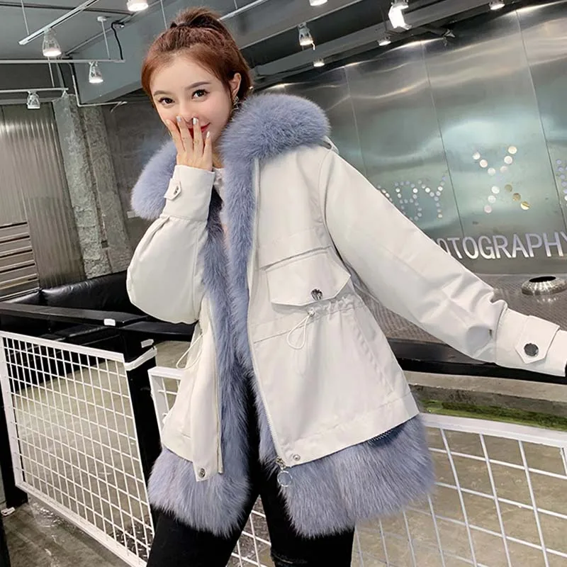 

FURTJY Winter new parka rex rabbit fur liner imported fox fur collar famale short jacket thick warm fashion real fur coat