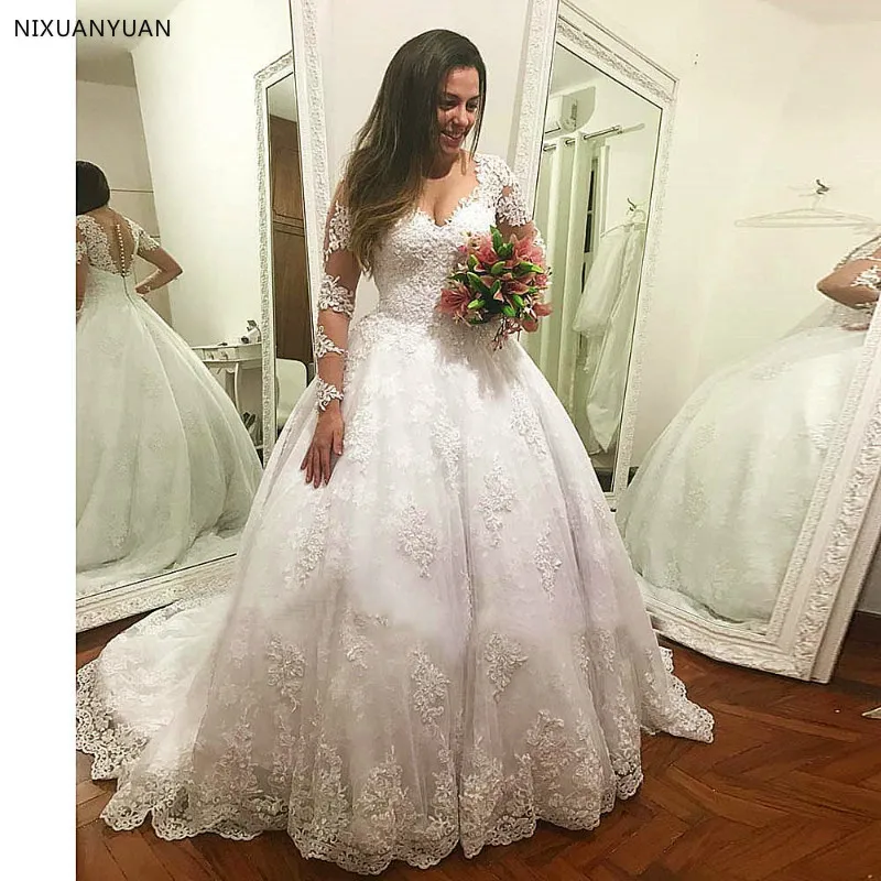 Vestido De Casamento Long Sleeves Wedding Dress Luxury Ball Gown Bridal Gowns Custom Made Lace Appliques Wedding Dresses 2023